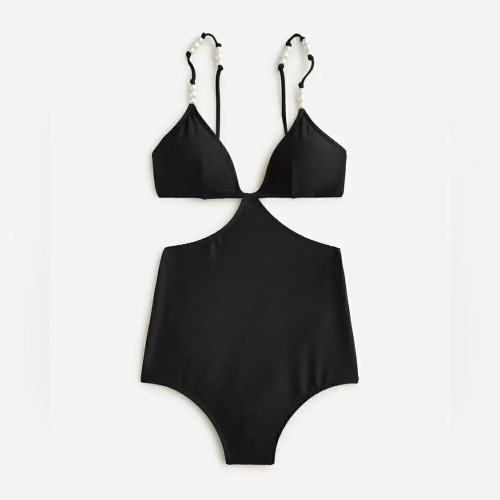 J Crew Ribbed Cut Out One Piece Swimsuit with Pearls NWT